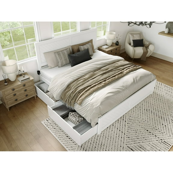HomeStock Asian Aesthetics King Platform Bed with Matching Footboard & Storage Drawers in White