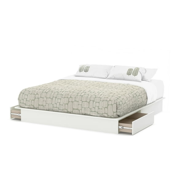 HomeStock Asian Aesthetics King Size Platform Bed with Drawers in Pure White, XL Beds, King Size Bedframe - 80"L x 76"W x 10"H