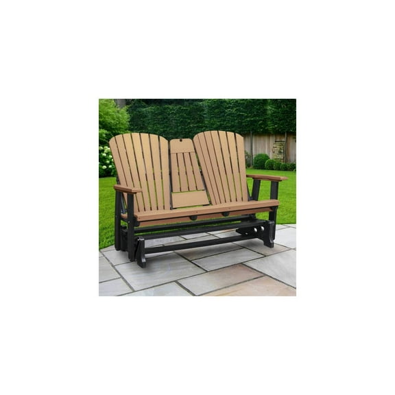 2-Seat Glider Bench - Fan Back Outdoor Seating w/ Table & Cup Holders - Poly Resin Construction