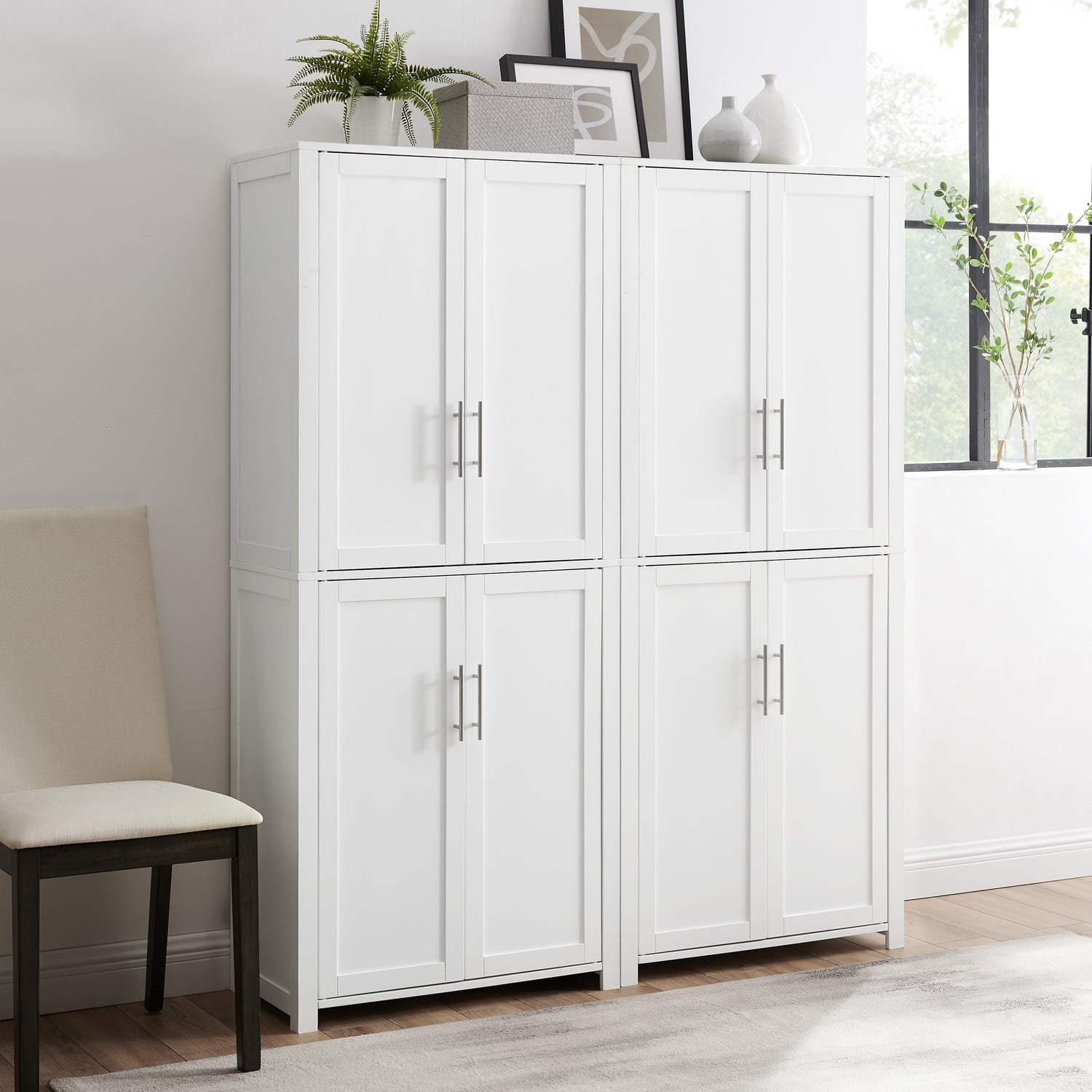 Pantry Set 2-Piece - White Storage Cabinet Organizer - Linen Cabinet - Modern Kitchen Pantry