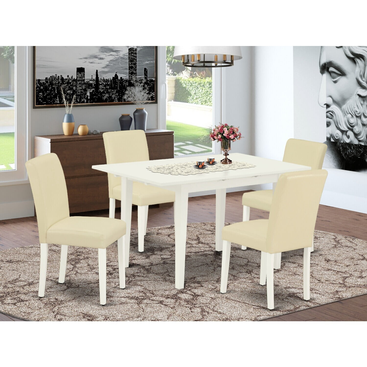 Mid Century Dining Set - 5 Piece Table & Chairs - Linen White Wood ...