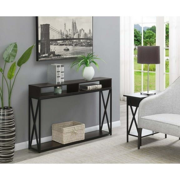 HomeStock Asian Allure Console Table with Shelf, 49" x 15.75" x 30", Two Storage Compartments & Bottom Shelf, Stylish Powder Coated Metal Frame