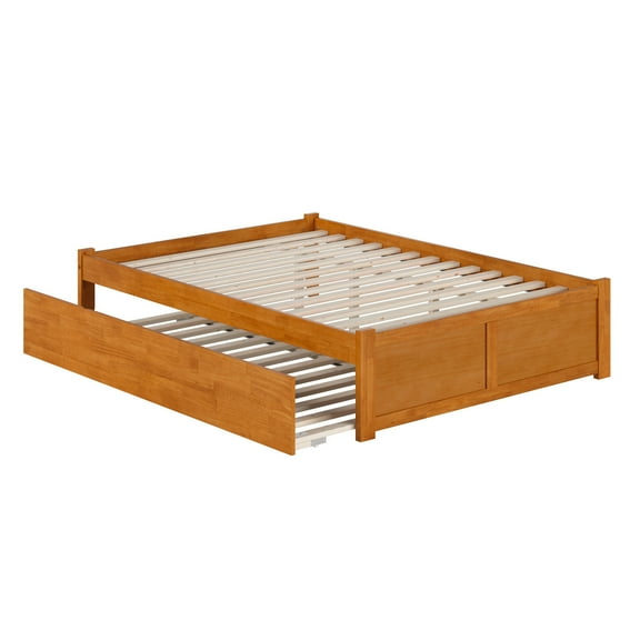 HomeStock Asian Allure Full Solid Wood Platform Bed with Footboard & Twin Trundle in Light Toffee