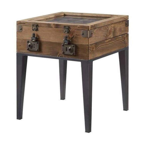 HomeStock Asian Allure Fusion Accent Table in Rustic Oak and Matt Gray Metal