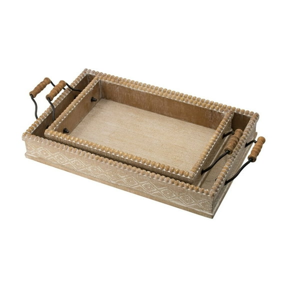 Rectangular Nesting Trays - Set of 2 - Metal & Wood Handles - Bead Trim Detail - Natural Finish Decor