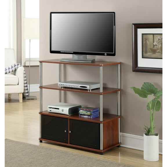 HomeStock Asian Allure TV Stand, Perfect for Any Decor with 3 Tiers and Enclosed Cabinets, Easy Assembly, Dimensions 34.5" x 15.75" x 36", Durable Steel Poles
