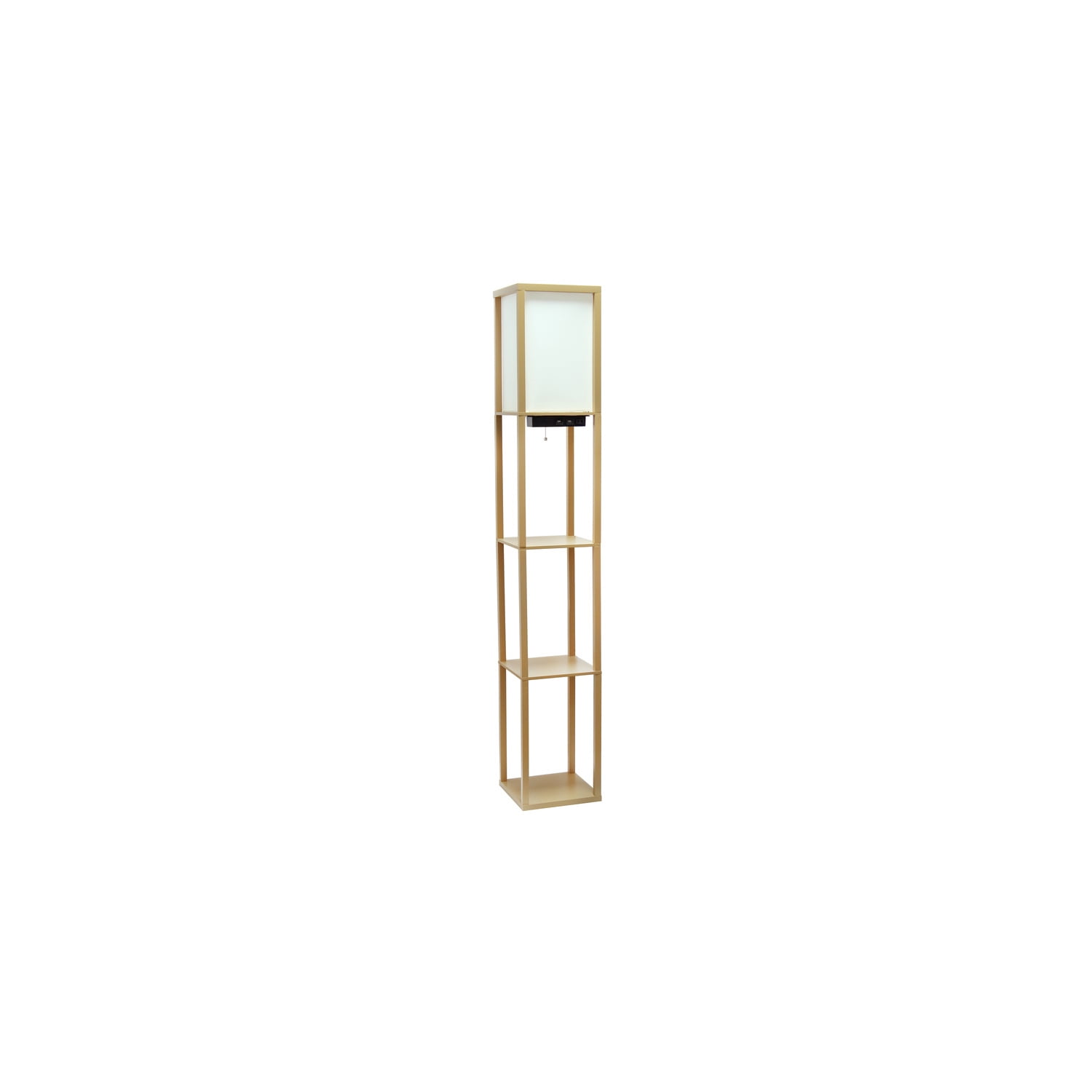 Tan Wood Floor Lamp with Shelves and Linen Shade