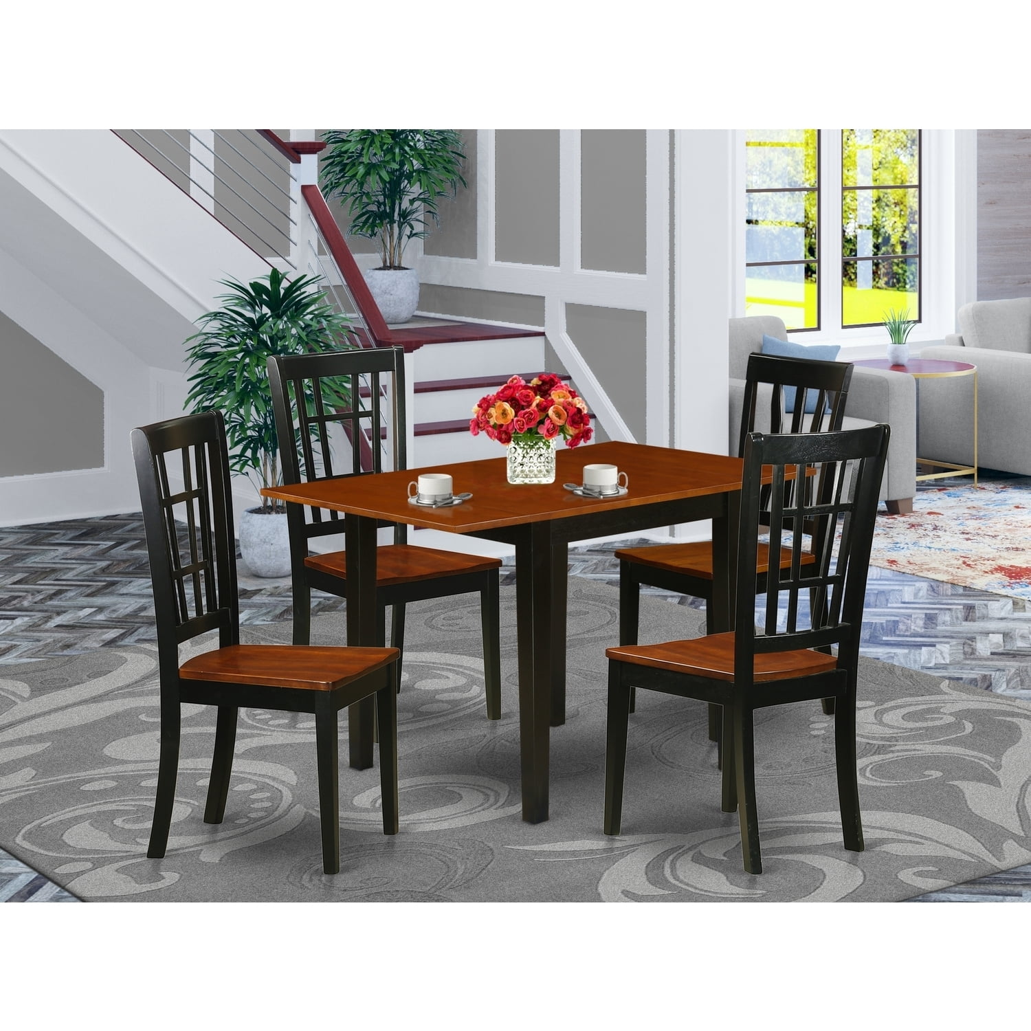 Modern 5Pc Dining Set - Asian Hardwood Table & Chairs - Black Cherry ...