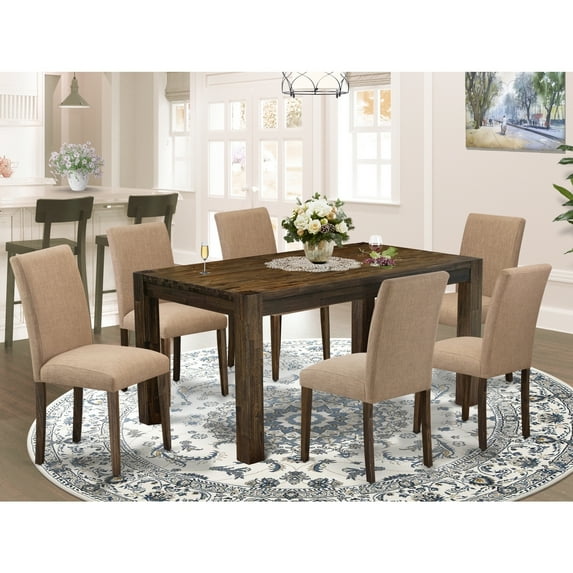 7-Piece Asian Fusion Dining Set - Rectangle Table6 Parsons Chairs - Light Sable Fabric