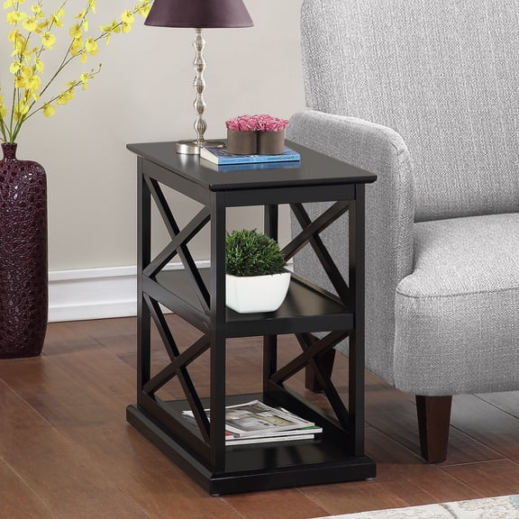 HomeStock Asian Fusion Chairside End Table with Shelves - Black Finish with Beveled Edges & 2 Spacious Shelves for Elegant Home Storage
