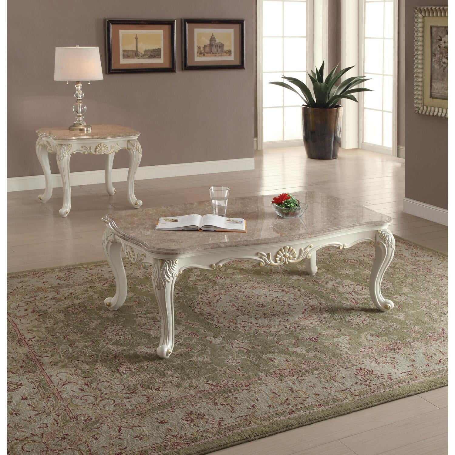 Pearl White Marble Top Coffee Table with Ornate Wood Legs