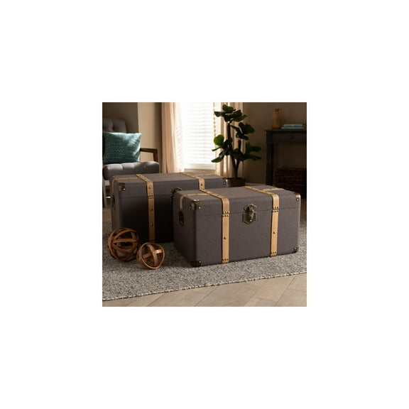 HomeStock Asian Fusion Modern and Contemporary Transitional Dark Brown Fabric Upholstered and Oak Brown Finished 2-Piece Storage Trunk Set