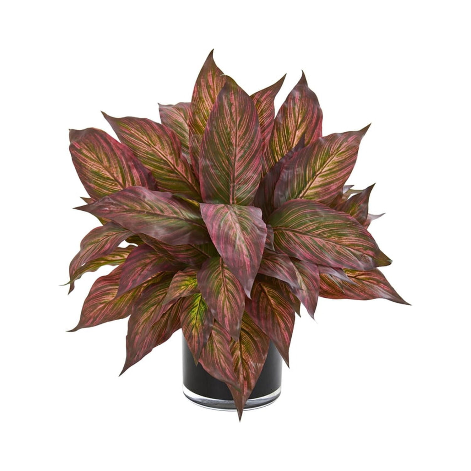 17" Burgundy Musa Leaf Artificial Plant in Glossy Black Vase