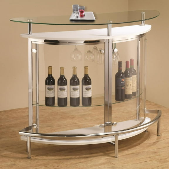 Modern Bar Cabinet with Wine Rack & Glass Storage - Chrome Accents, Tempered Glass Top, Home Entertainment Center
