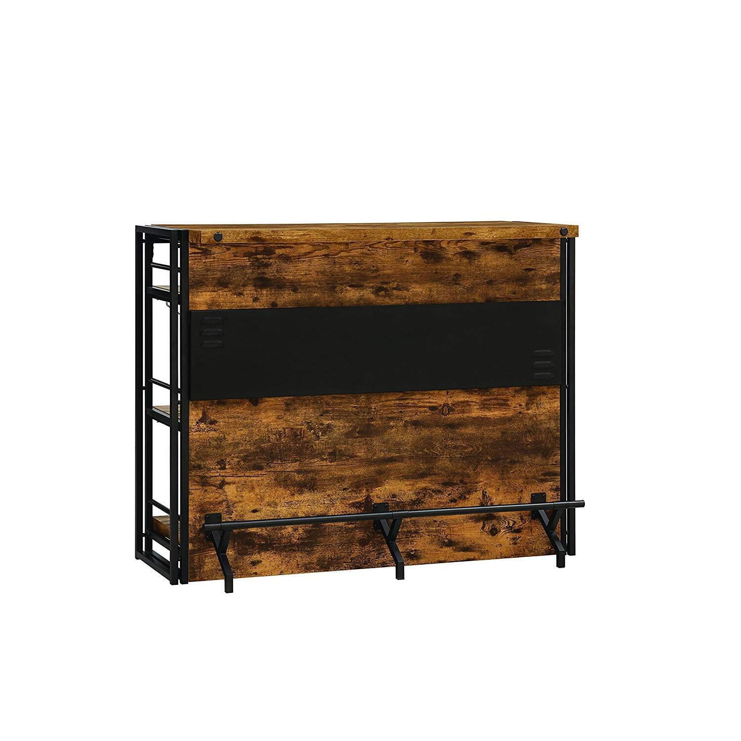 Antique Nutmeg Industrial Wood Bar Unit with Stemware Rack