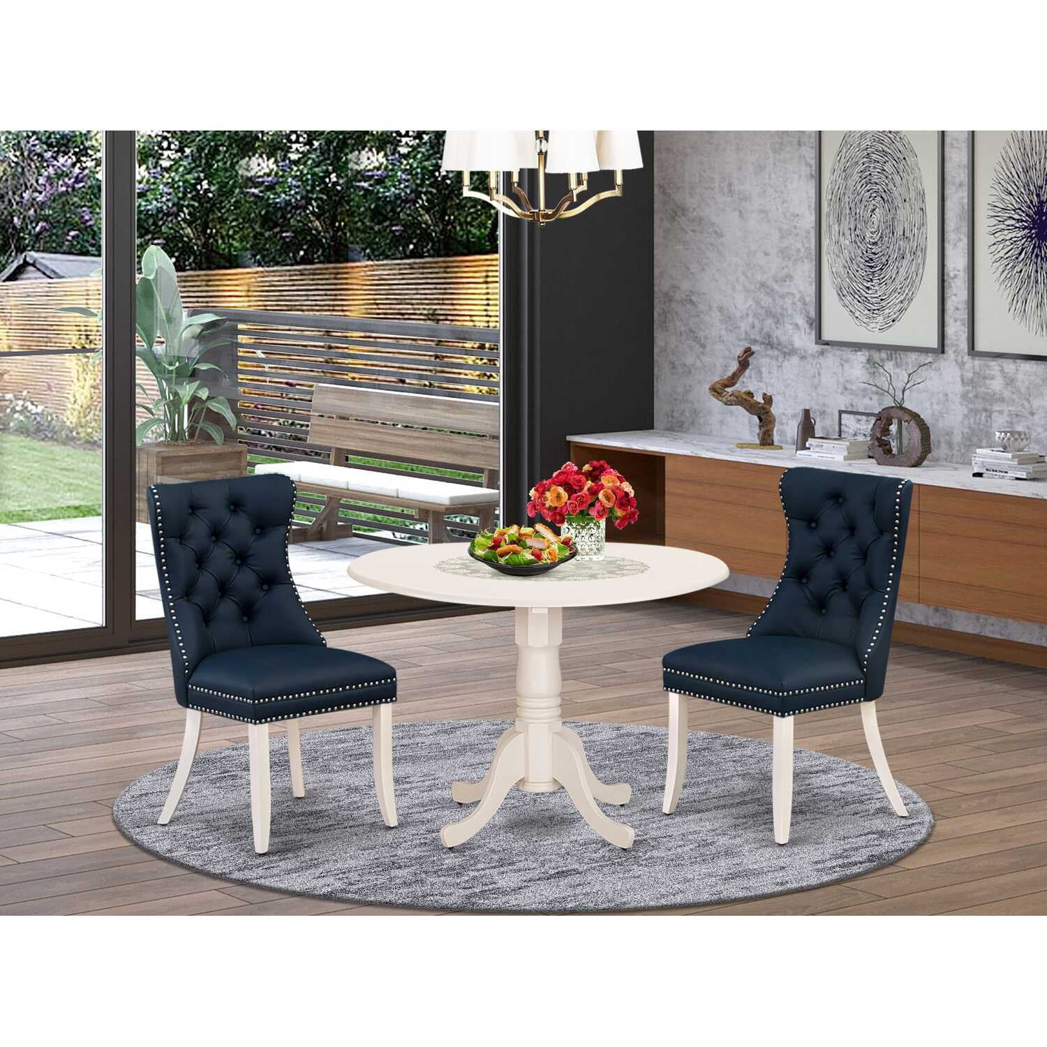 Round Kitchen Table Set with 2 Chairs - Linen White Dining Table & Side ...