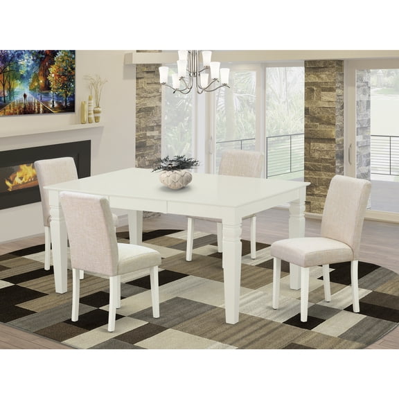 Rectangle Kitchen Dining Table Set - 5pc Table & 4 Chairs - Linen White Legs - Light Beige Fabric