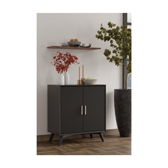 HomeStock Baroque Beauty Bar Cabinet in Black with Mahogany Solids & Veneers, Stores 6 Glasses and 7 Wine Bottles, Stylish and Functional Storage Solution