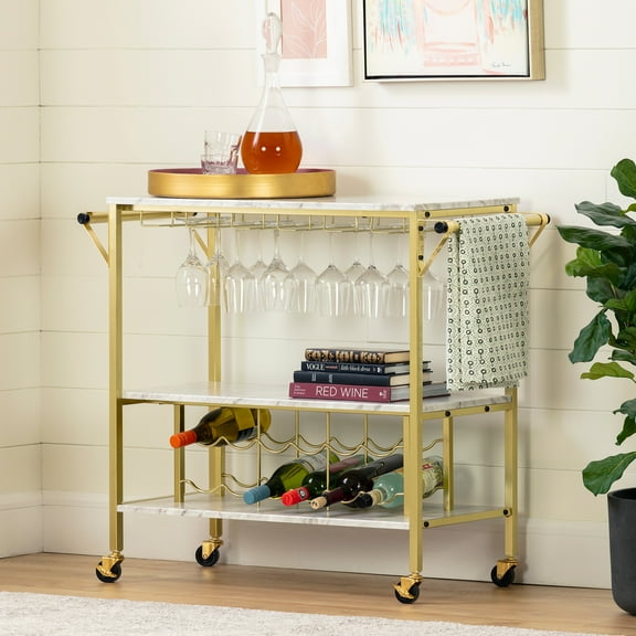 HomeStock Baroque Bliss Bar Cart with Caster Wheels, Modern Bar Storage Solution, Mobile Cart for Versatile Uses-Color:Gold and Faux Marble