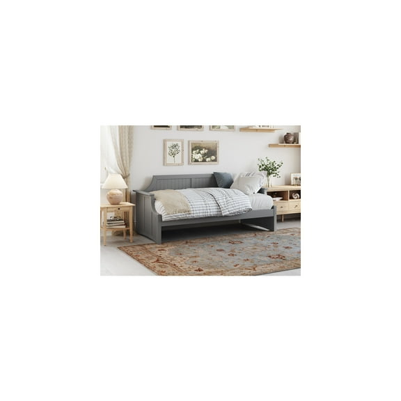 HomeStock Baroque Bliss Twin Wood Daybed in Grey, Elegant Curved Backboard and Beadboard Design, Ideal for Relaxing or Entertaining, Sturdy Solid Wood Build