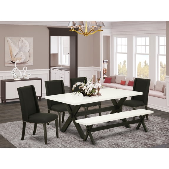 Kitchen Dining Set 6 Piece - Black Linen ChairsWood Table with Bench