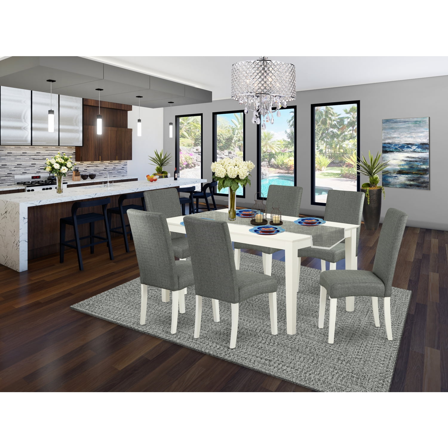 Kitchen Table Set 7 Piece - Dining Table & 6 Linen Chairs - 36x60 Inch ...