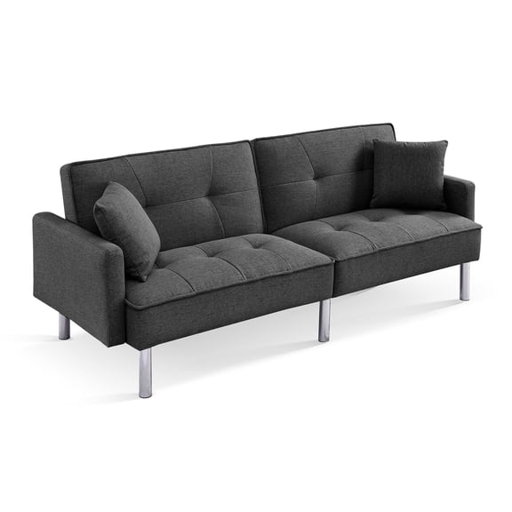 HomeStock Baroque Bonanza Dark Grey Tufted Futon Convertible Sofa Sleeper with Two Throw Pillows Velvet, 35"D x 85"W x 35"H, Living Room, Tufted