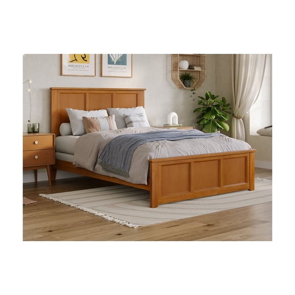 Full Bed with Footboard - Light Toffee Wood Frame - USB Charging Station - Solid Wood Construction - Box Spring Required
