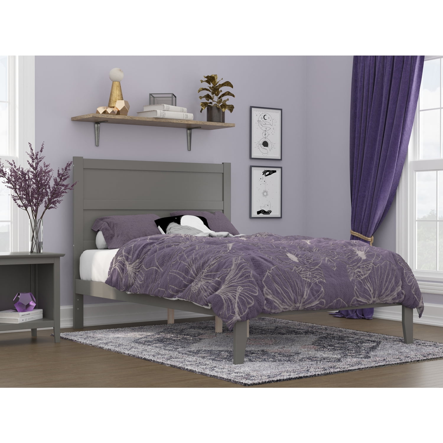 Grey Full Wooden Bed Frame with Headboard and Slats