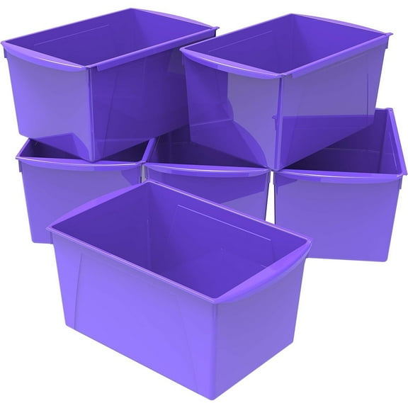 HomeStock Baroque Bonanza Large Book Bin, 6-Pack, Purple - 14.5" L x 9.25" W x 7" H, Ideal for Organizing Books, Durable Plastic Design