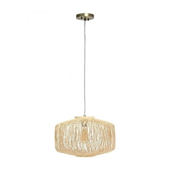 HomeStock Baroque Bonanza Natural Round Pendant, Natural Rattan Ceiling Light with Open Bottom Shade, Antique Brass Canopy, Ideal for Minimalist Decor