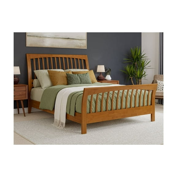 Solid Wood Low Profile Platform Bed - Light Toffee Finish - Sleigh Headboard & Footboard - Queen & King Sizes