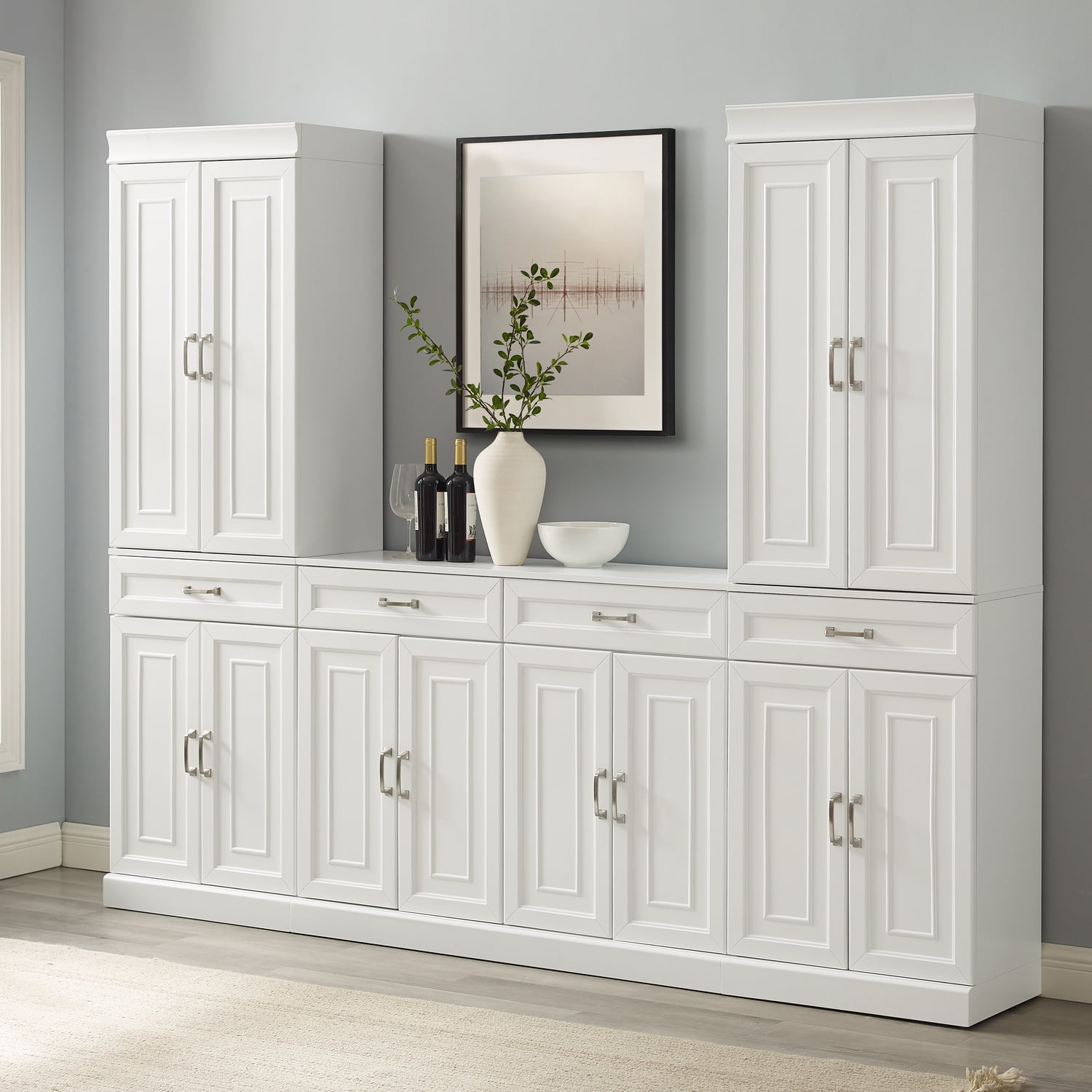 White 3-Piece Traditional Sideboard and Pantry Set with Adjustable Shelves