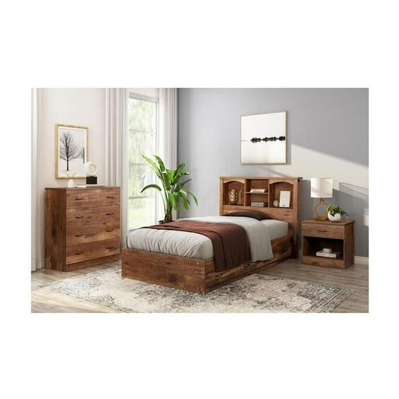 Twin Bed with Drawers - Mountain Oak Finish, Slat Kit Included, Reversible Design, Easy Assembly