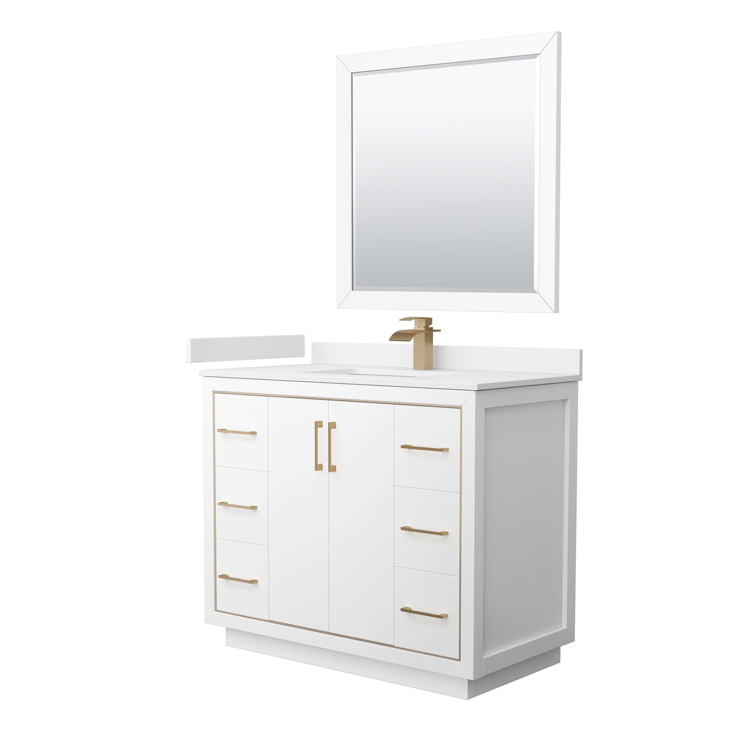 HomeStock Beachy 42 Inch Single Bathroom Vanity in White, White Cultured Marble Countertop, Undermount Square Sink, Satin Bronze Trim, 34 Inch Mirror