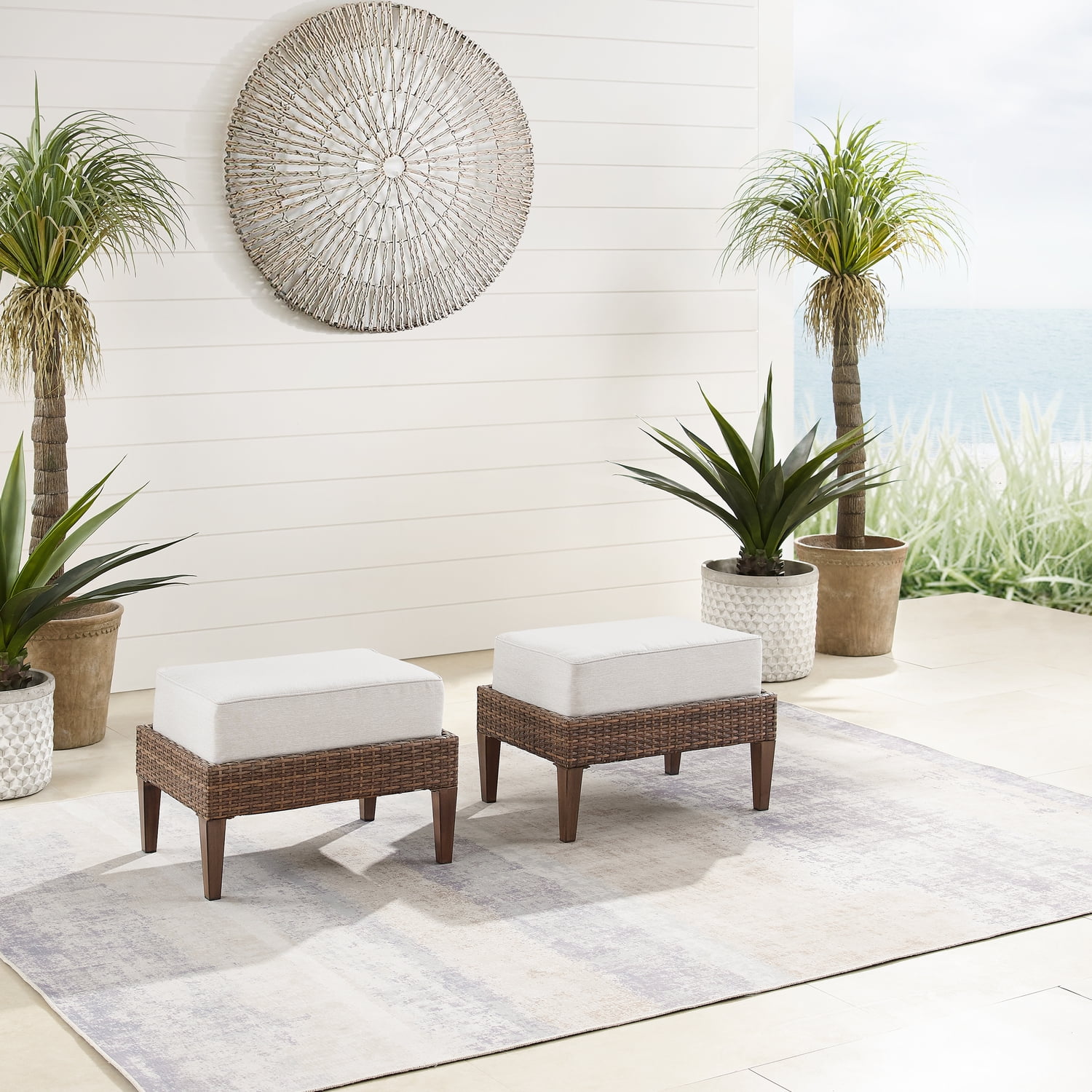 HomeStock Beachy Beauty 2Pc Outdoor Wicker Ottoman Set Creme/Brown - 2 ...