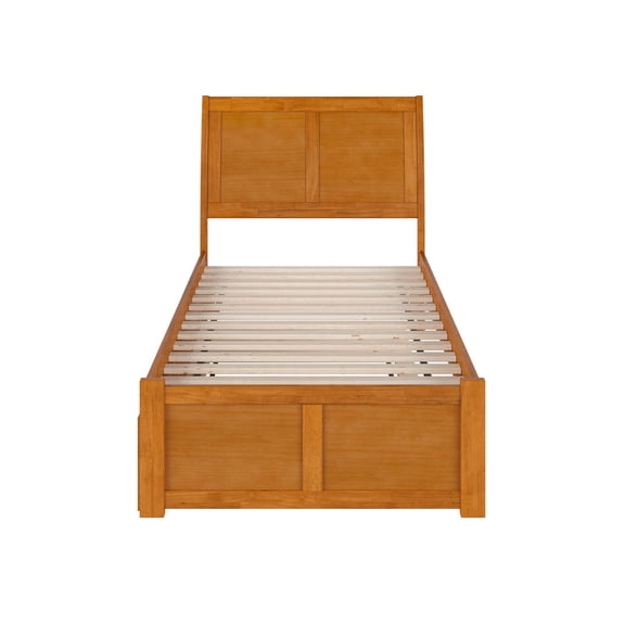 HomeStock Beachy Beauty Twin Solid Wood Platform Bed with Footboard & Twin Trundle in Light Toffee