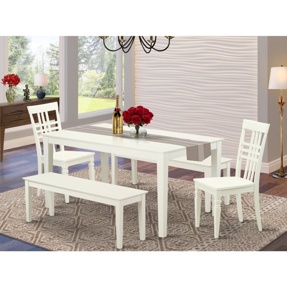 Boho Dining Set - 5 Piece Table & Chairs - Beachy Linen White - For 6 People - Dining Room Furniture