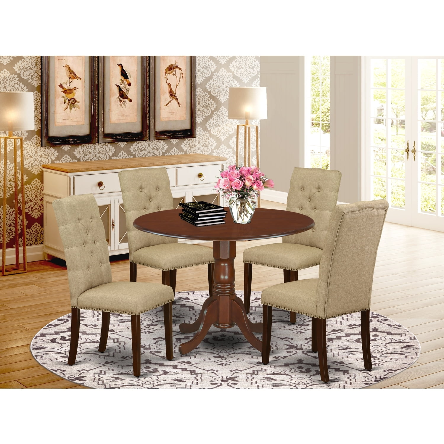 HomeStock Beachy Boho 5 Piece Kitchen Dining Table Set Included A Round Kitchen Table 4 Kitchen Parson Chairs Dark Khaki Linen Fabric Parson Chairs