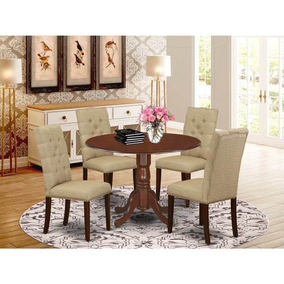 HomeStock Beachy Boho 5-Piece Kitchen Dining Table Set Included A Round Kitchen Table & 4 Kitchen Parson Chairs, Dark Khaki Linen Fabric Parson Chairs Seat With Rubber Wood Legs, Mahogany Finish