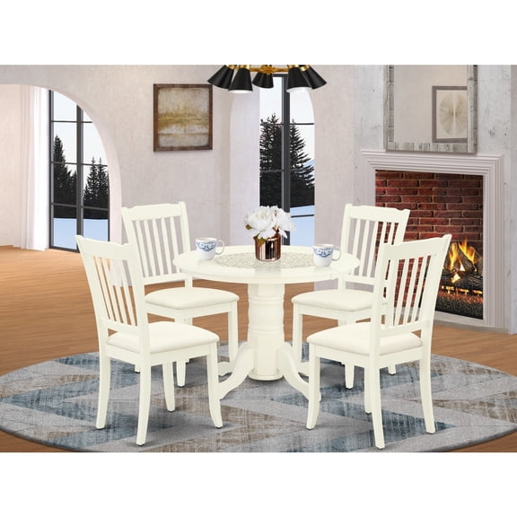 HomeStock Beachy Boho 5Pc Dining Set Includes A Round Dining Room Table And Four Vertical Slatted Linen Seat Kitchen Chairs, White Finish