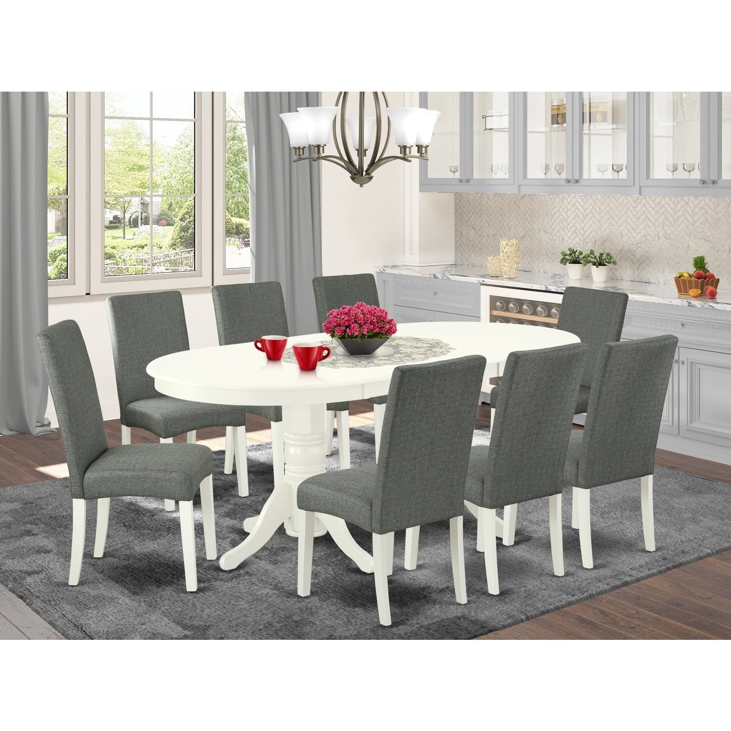 Boho Kitchen Table Set with 8 Chairs - Linen White Oval Dining Set ...