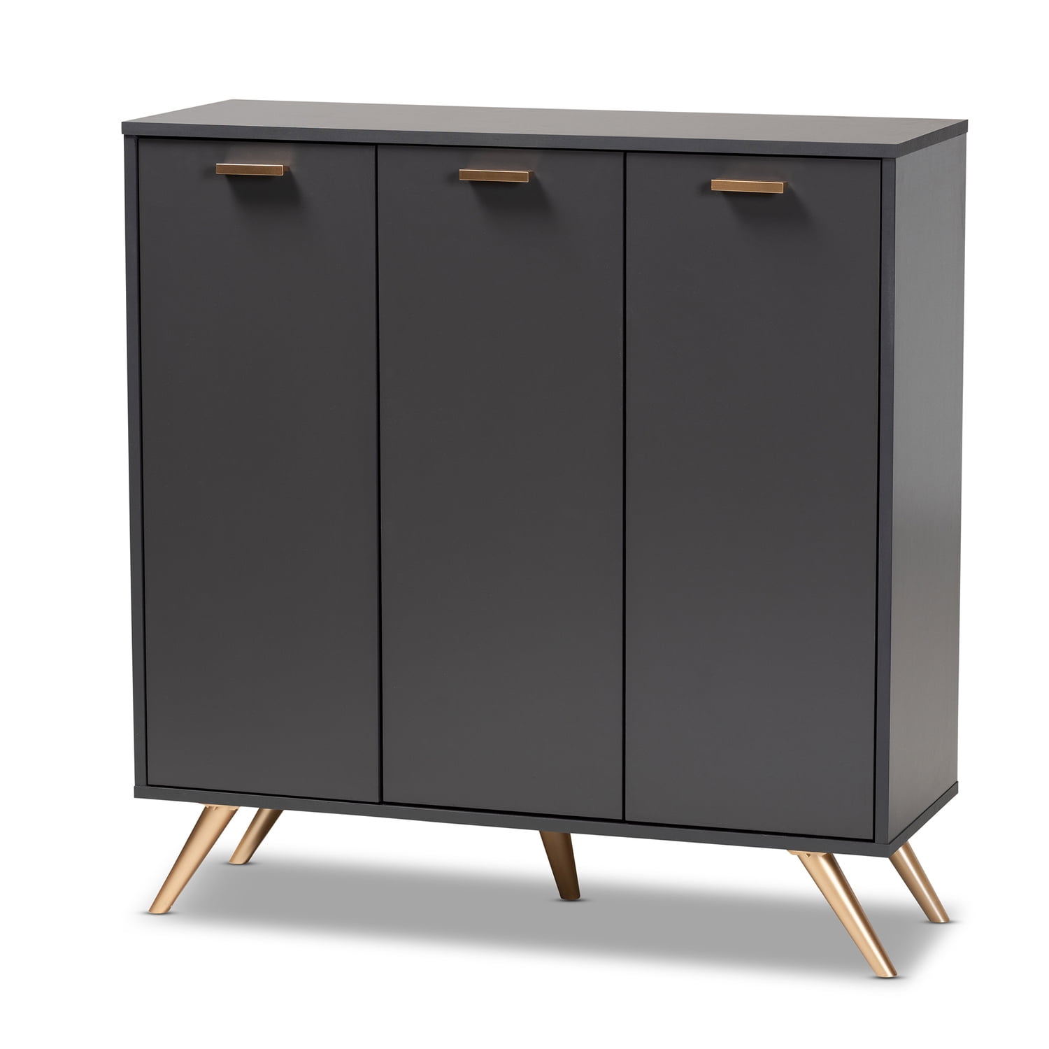 Kelson Dark Gray and Gold Wood 3-Door Shoe Cabinet