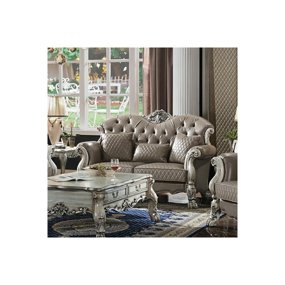 HomeStock Beachy Boho Loveseat with Pillows in Vintage Bone White & PU