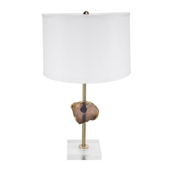 Modern Table Lamp - Agate Slice & Drum Shade - White/Gold Accent Lamp - 14" Dia x 25.2" H