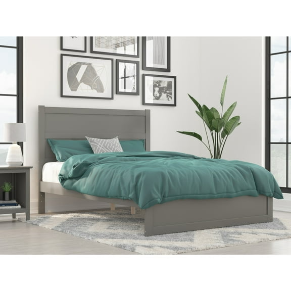 Modern Platform Bed with Footboard - Grey Wood Slat Support & Charging Station