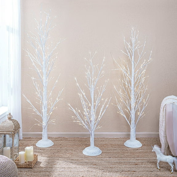 Set of 3 Pre-Lit White Birch Christmas Trees with LED Lights & Remote Control, 4ft 5ft 6ft Lighted Trees for Outdoor Christmas Yard Décor
