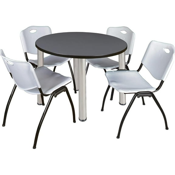 HomeStock Bohemian Bliss 36" Round Lounge Table Grey/ Chrome with 4 'M' Nesting Chairs, Grey - Ergonomic Breakroom Furniture Set for Staff Break Room, Tables & Chair, Breakroom Set