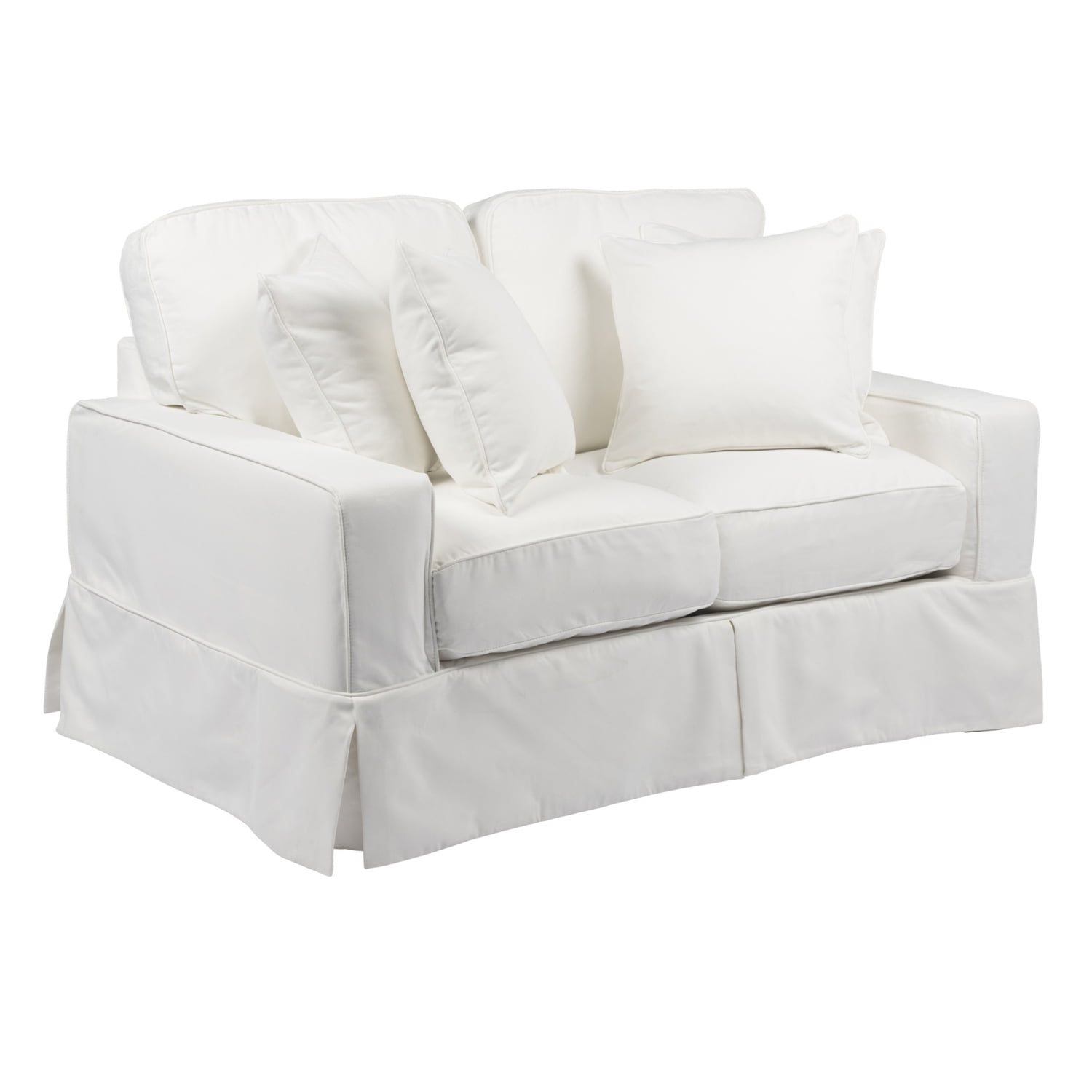 White Fabric Slipcovered Loveseat with Track Arms