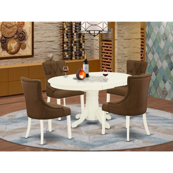 HomeStock Boho Beauty 5Pc Dining Set Includes An Oval Dinette Table With Butterfly Leaf And Four Parson Chairs With Dark Coffee Fabric, Linen White Finish